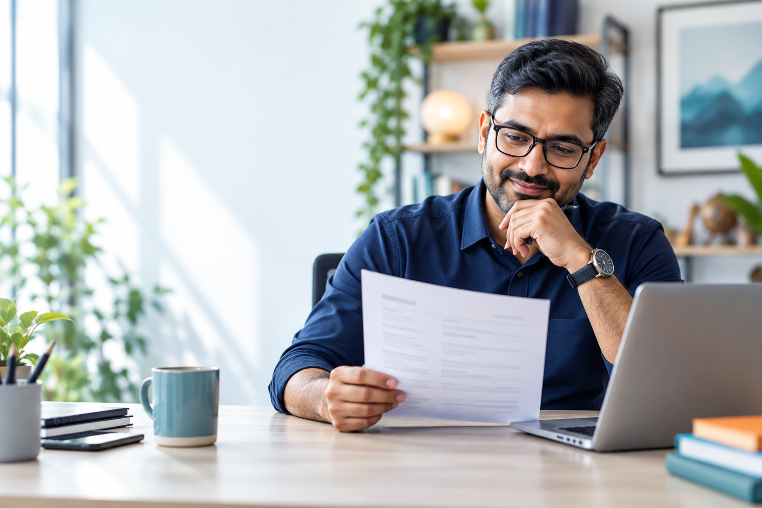 Experienced professional reviewing a resume at a desk